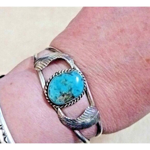 Navajo Native American Turquoise Cuff Sterling leaves 1132 - Picture 6 of 6